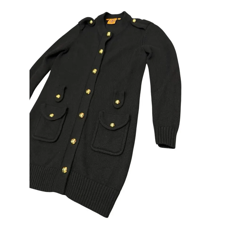 Tory Burch Long 100% Wool Cardigan Coat XL Black Gold Logo Buttons